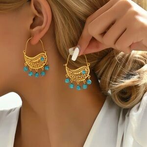 NEW Elegant Tassel Hoop Earrings with Turquoise Accents